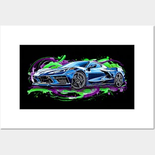 Blue C8 Supercar Racecar Muscle Car Sportscar Green Purple Splash C8 Posters and Art